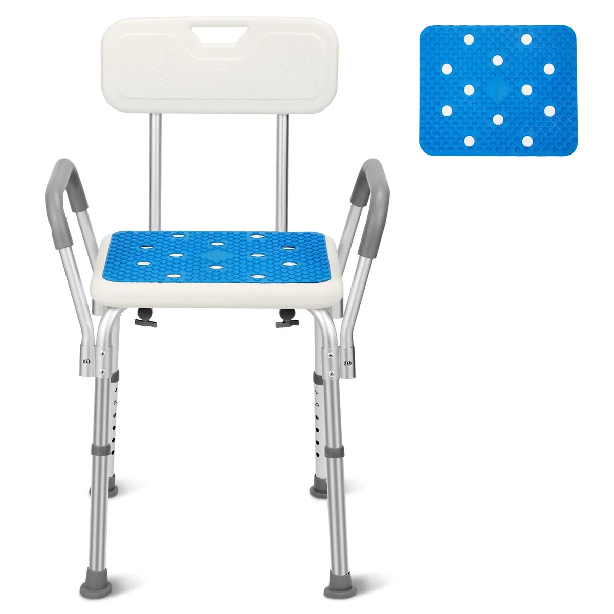 M1-GGP8887c taboret prysznicowy z podłokietnikami, oparcie, antypoślizgowe siedzisko łazienkowe i poduszka do siedzenia, taboret kąpielowy z regulacją wysokości 41-53,5 cm, krzesło prysznicowe
