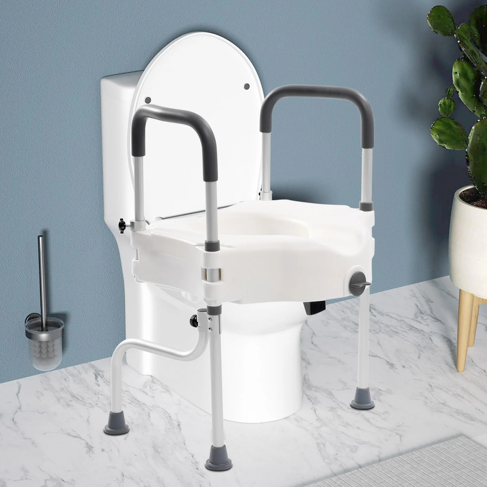 Uchwyt do toalety, podwyższenie deski sedesowej i rama bezpieczeństwa z podłokietnikami, nośność 150 kg, wysokość 11 cm, łatwy do czyszczenia, ergonomiczny design