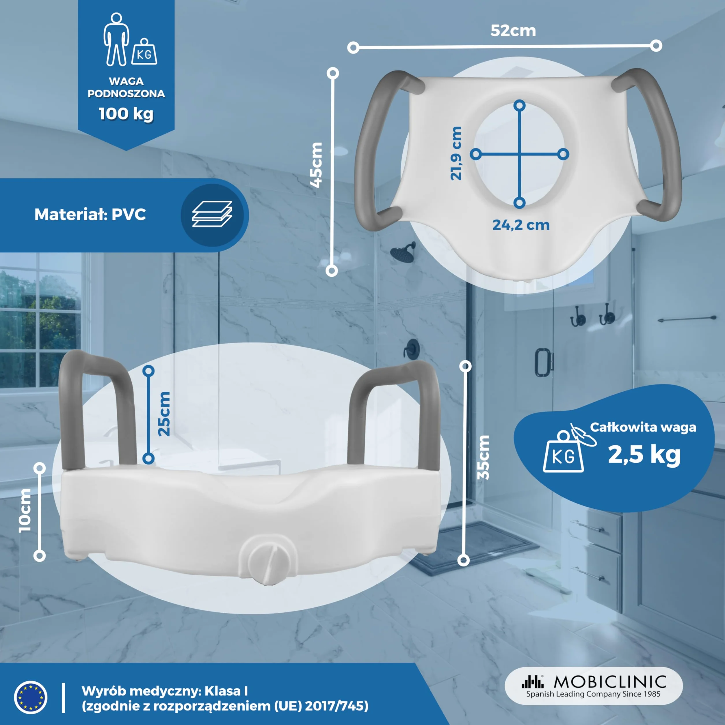 Mobiclinic, Podnośnik do toalety, Cibeles, Deska sedesowa, Hiszpańska marka, Wyściełane podłokietniki, Z uchwytami, Pomoce łazienkowe, Dla seniorów, Niepełnosprawnych, O ograniczonej sprawności ruchowej, Komfort, 10 cm