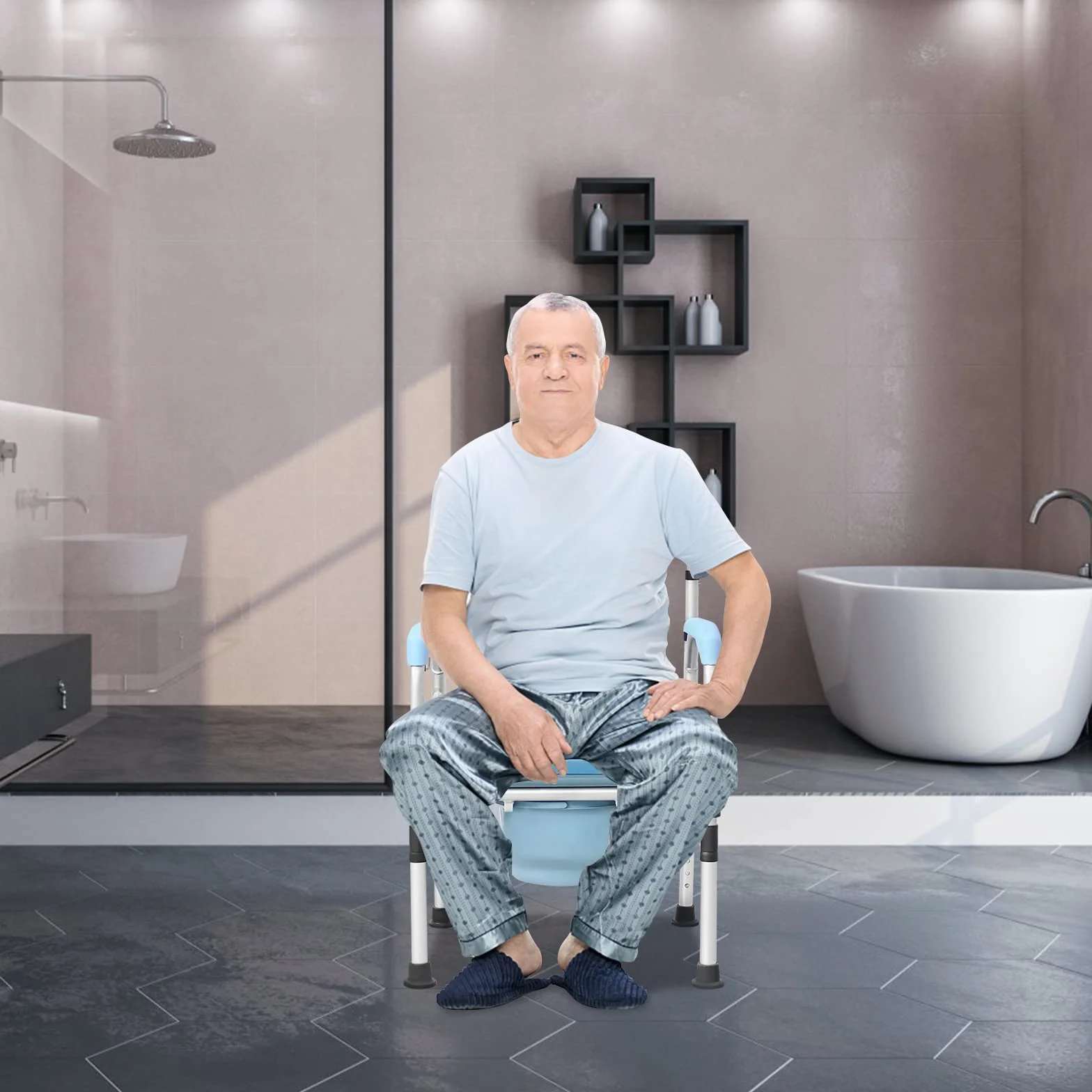 LZQ Regulowany fotel toaletowy dla seniorów, osób starszych i niepełnosprawnych, 200 kg, srebrny, aluminium i PU