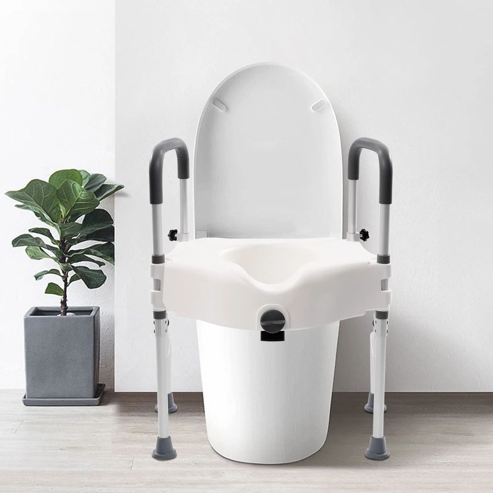 Uchwyt do toalety, podwyższenie deski sedesowej i rama bezpieczeństwa z podłokietnikami, nośność 150 kg, wysokość 11 cm, łatwy do czyszczenia, ergonomiczny design