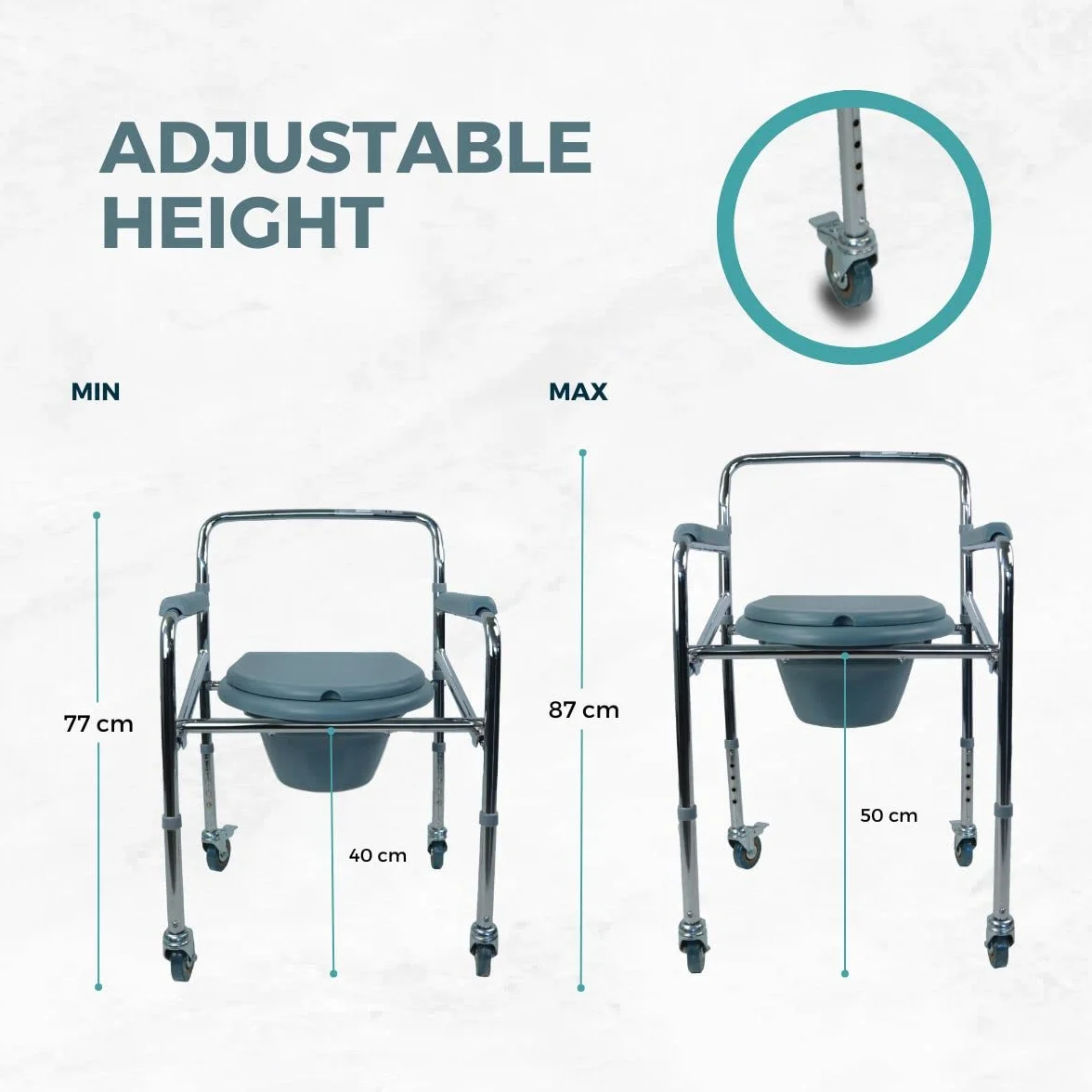 Mobiclinic®, Krzesło Toaletowe, Składane, Przenośna Toaleta, Zdejmowany Kubeł, Podłokietniki, Ergonomiczne Siedzisko, Do 100 kg, Kółka z Hamulcami, Antypoślizgowe Nóżki, Stal, Sprężynowe
