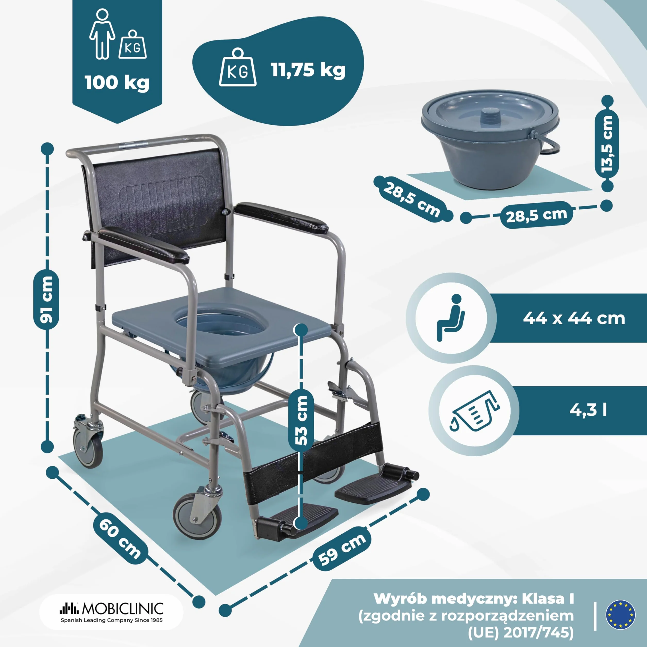 Mobiclinic, Wc krzesł na kółkach, Ancla, Toaleta dla osób niepełnosprawnych, Starszych, Składany podłokietnik i podnóżek ergonomiczny siedzenia, Szara