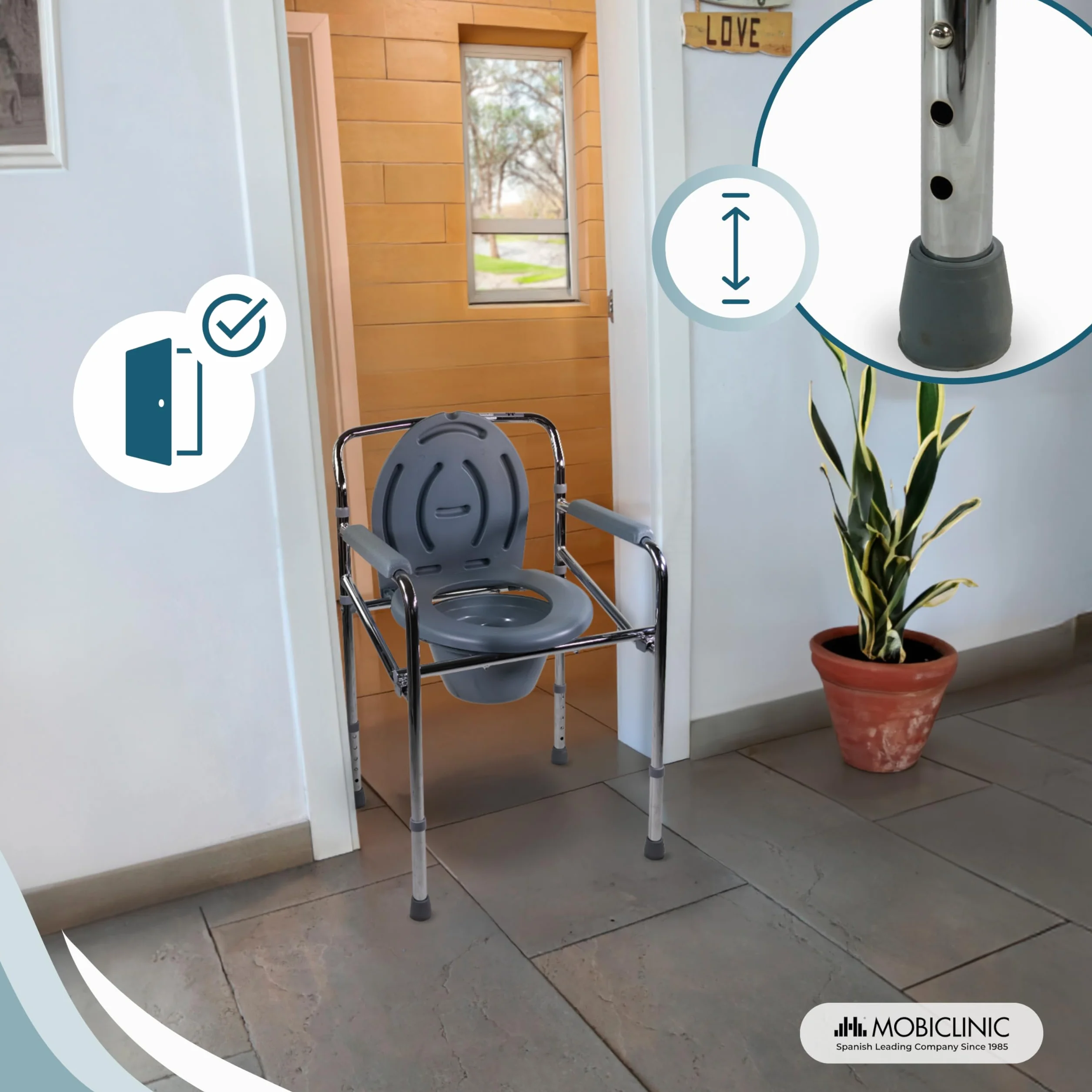 Mobiclinic, Puente, Krzesł z wc dla niepełnosprawnych, Inwalidów, Osób starszych, Składane, Podłokietniki, Ergonomiczne siedzisko, Stal chromowana, Podkładki antypoślizgowe