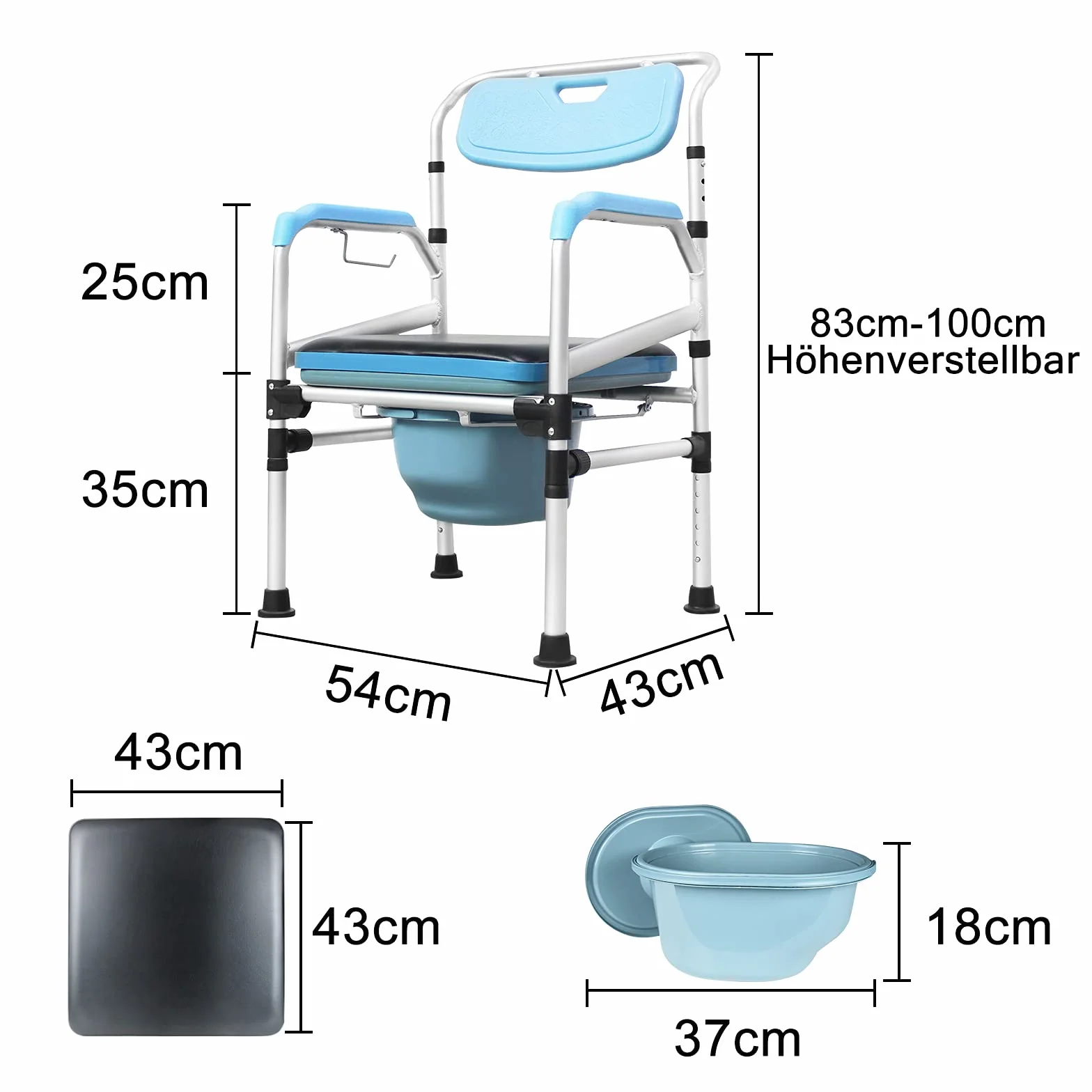 LZQ Regulowany fotel toaletowy dla seniorów, osób starszych i niepełnosprawnych, 200 kg, srebrny, aluminium i PU